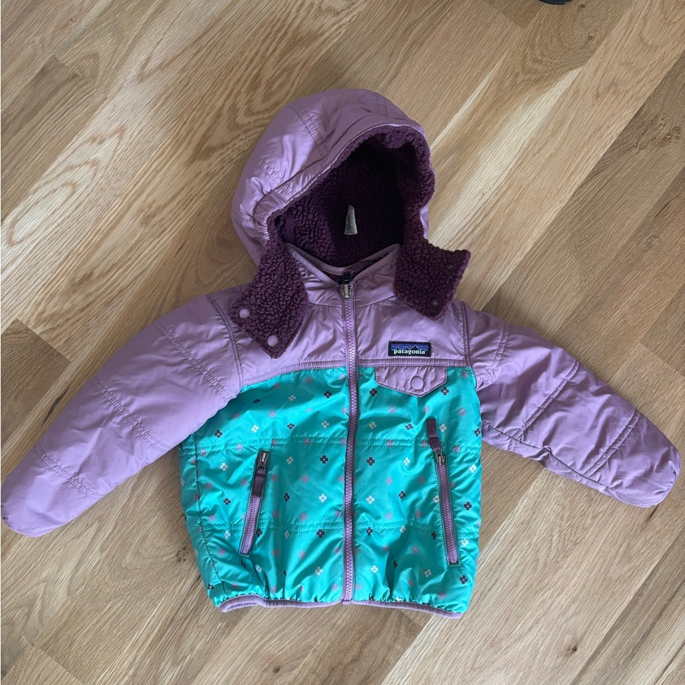 Patagonia Kids Reversible Tribble Jacket in Purple and Green